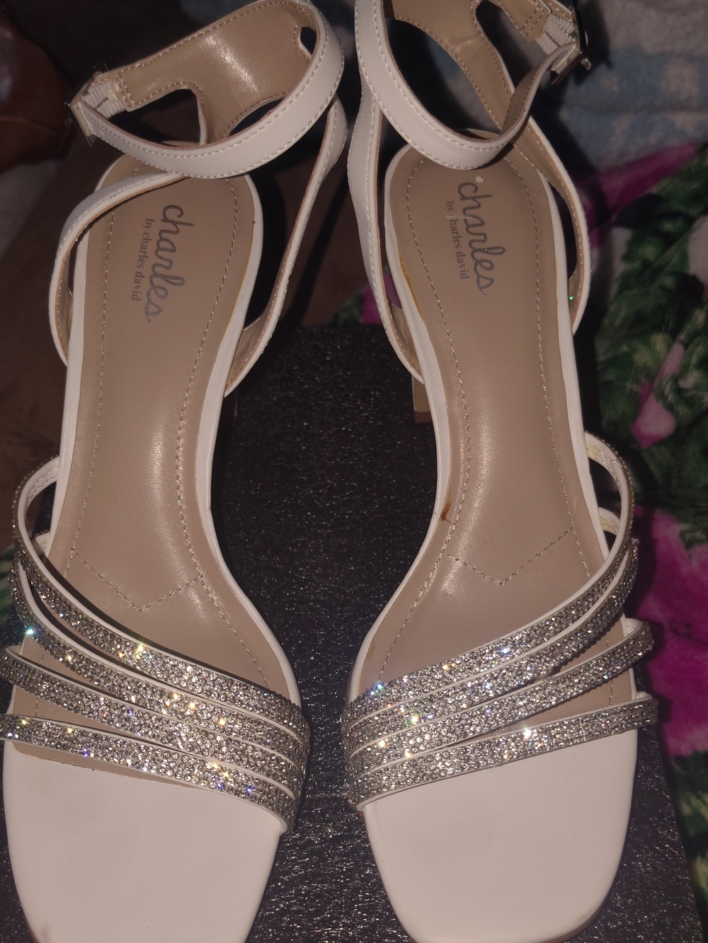 Charles David Women’s White Ankle-Strap Sandals with Rhinestone Straps